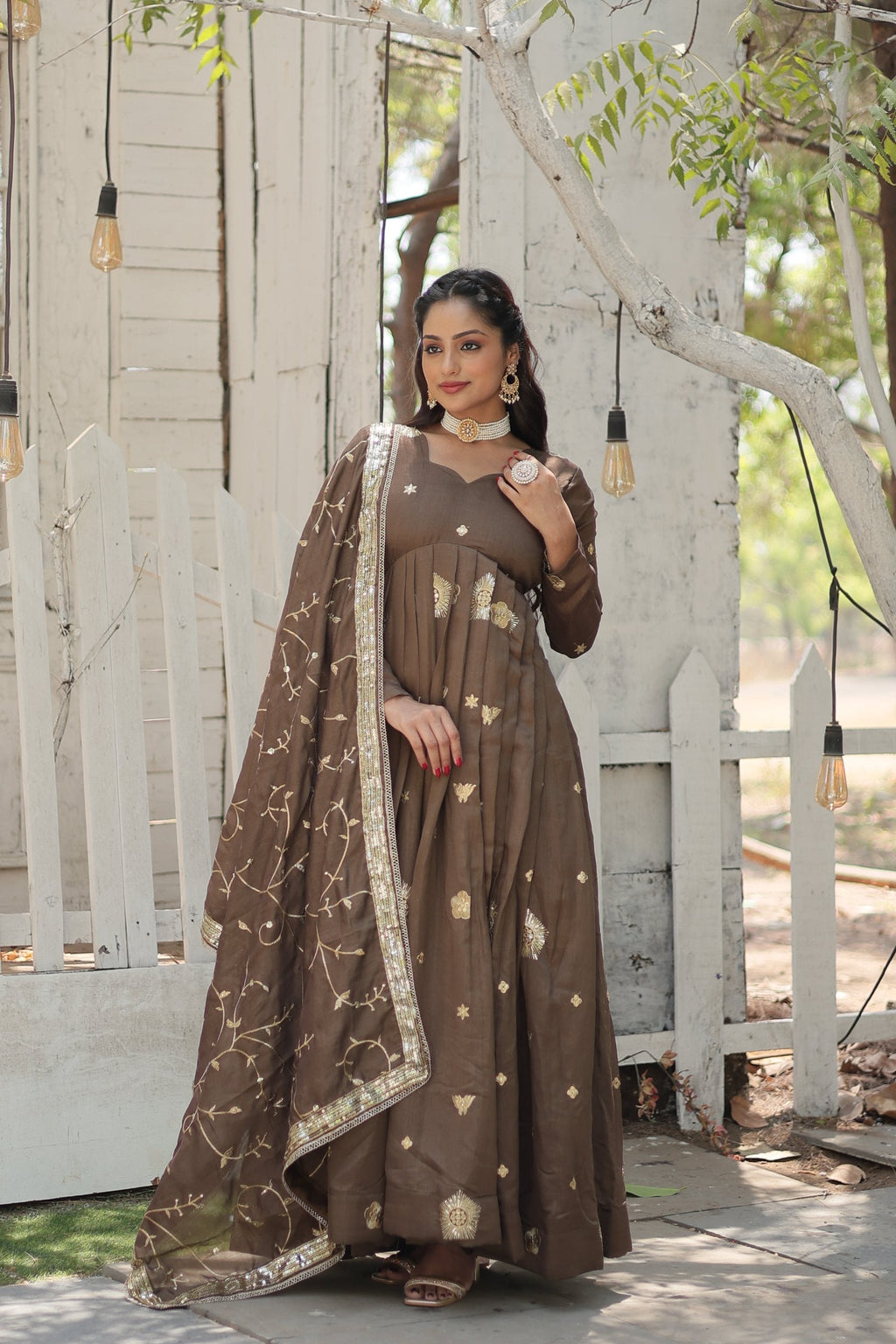 Jyoti Fashion Women's Brown Vichitra Shimmer Sequins with Embroidered Anarkali Kurta with Dupatta | Grocsy
