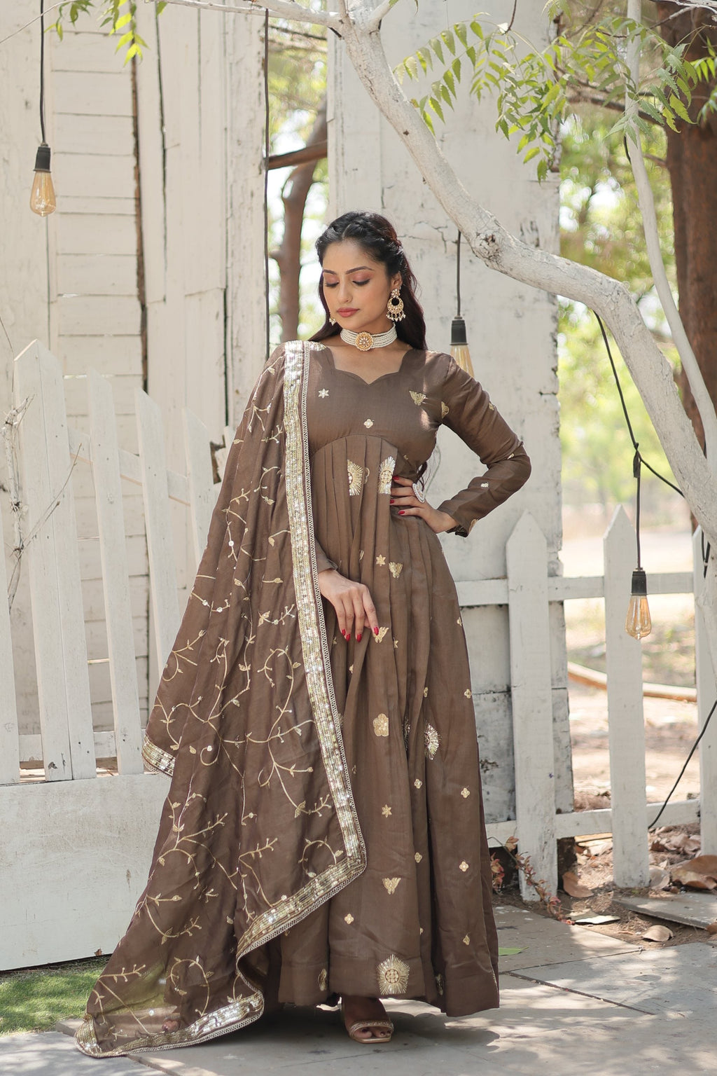 Jyoti Fashion Women's Brown Vichitra Shimmer Sequins with Embroidered Anarkali Kurta with Dupatta | Grocsy