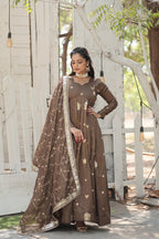 Jyoti Fashion Women's Brown Vichitra Shimmer Sequins with Embroidered Anarkali Kurta with Dupatta | Grocsy