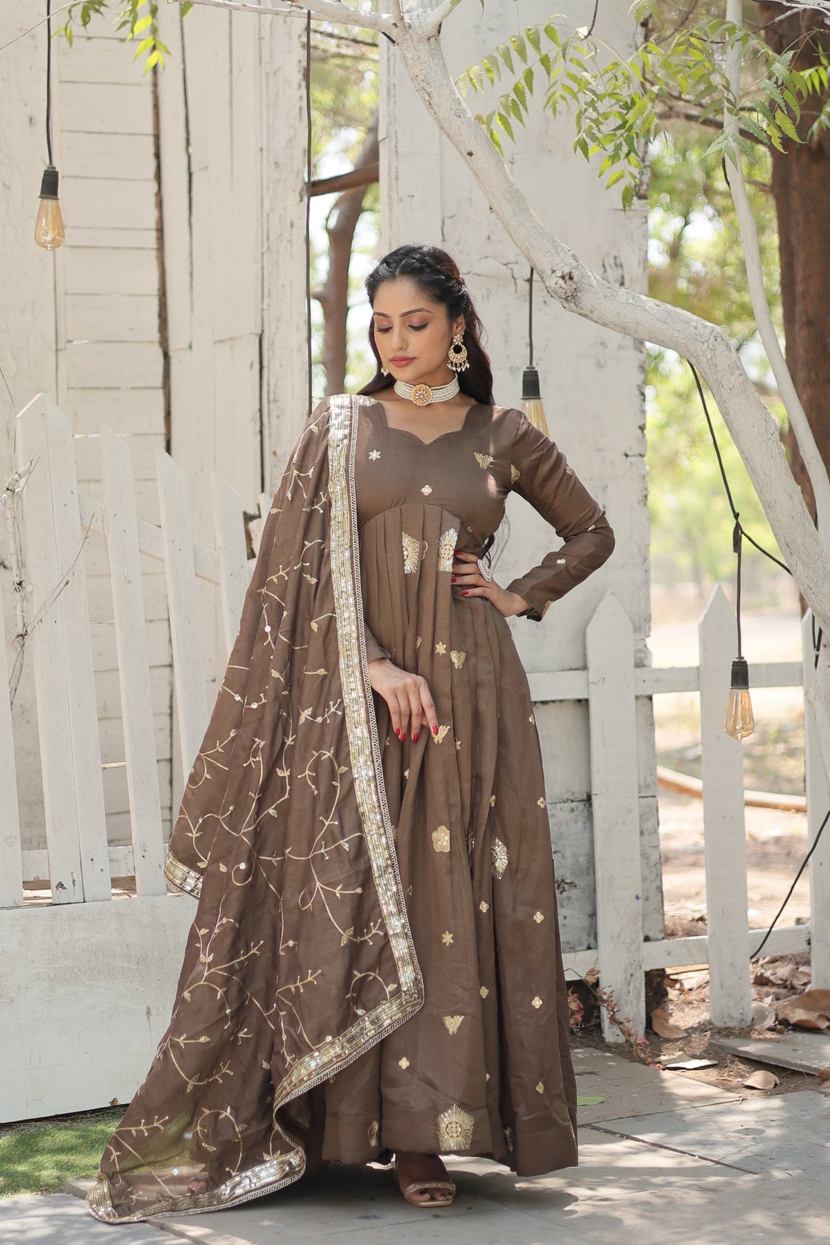 Jyoti Fashion Women's Brown Vichitra Shimmer Sequins with Embroidered Anarkali Kurta with Dupatta | Grocsy