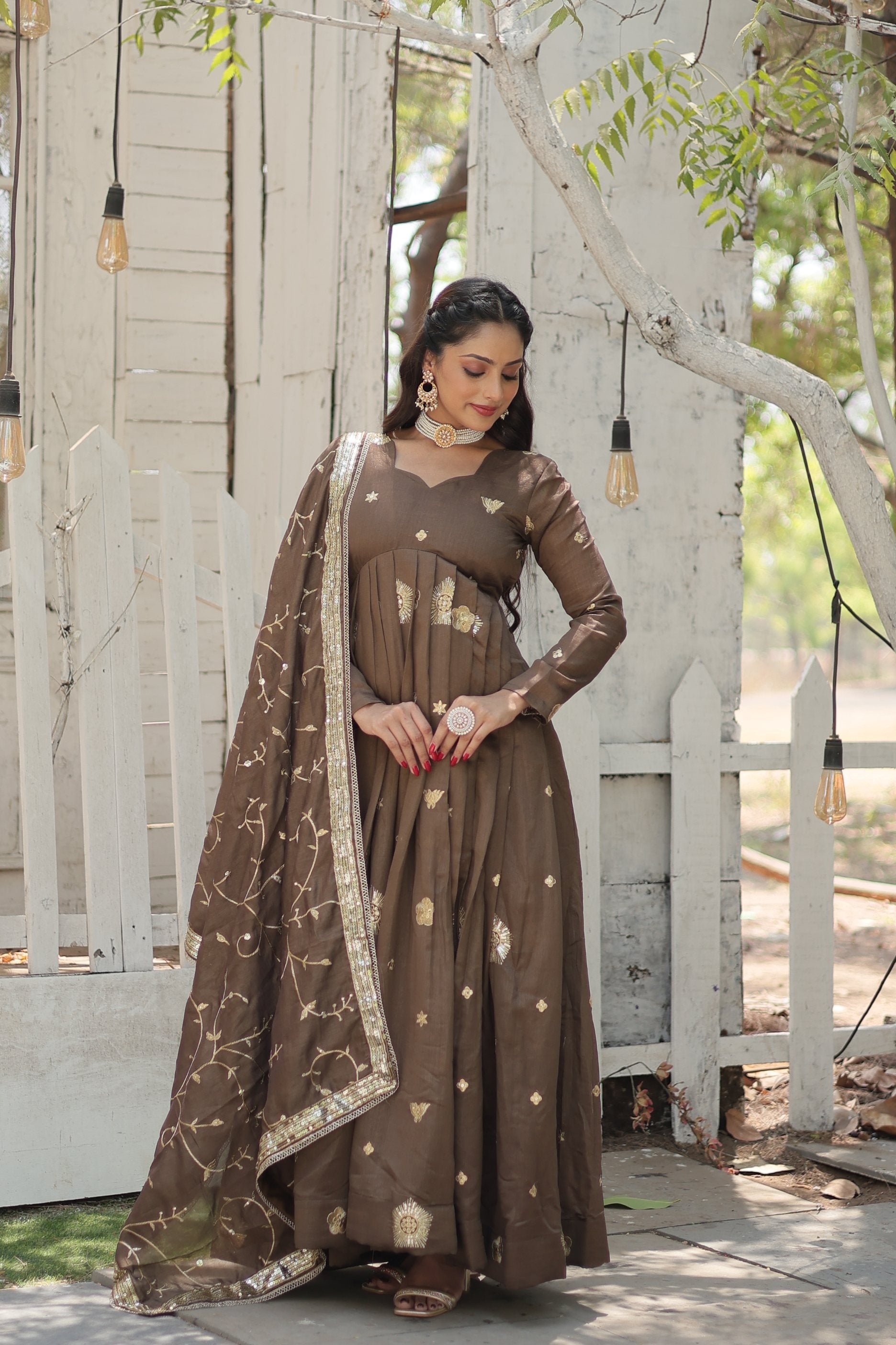 Jyoti Fashion Women's Brown Vichitra Shimmer Sequins with Embroidered Anarkali Kurta with Dupatta | Grocsy
