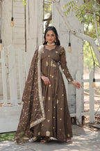 Jyoti Fashion Women's Brown Vichitra Shimmer Sequins with Embroidered Anarkali Kurta with Dupatta | Grocsy