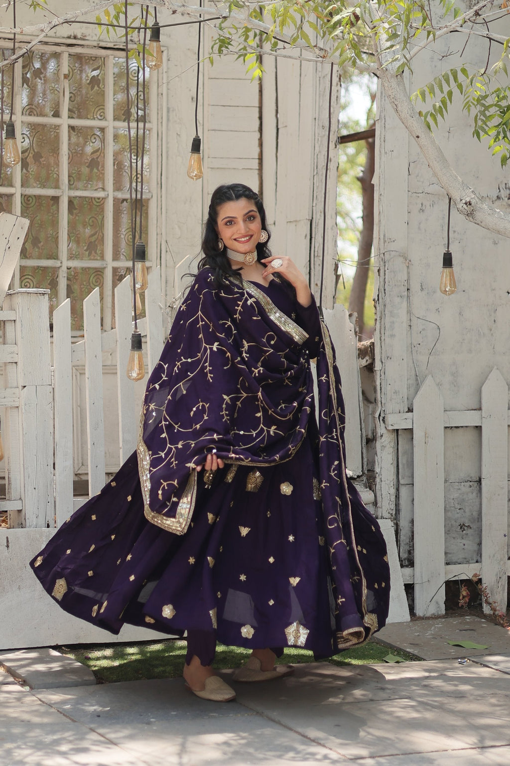 Jyoti Fashion Women's Purple Vichitra Shimmer Sequins with Embroidered Anarkali Kurta with Dupatta | Grocsy