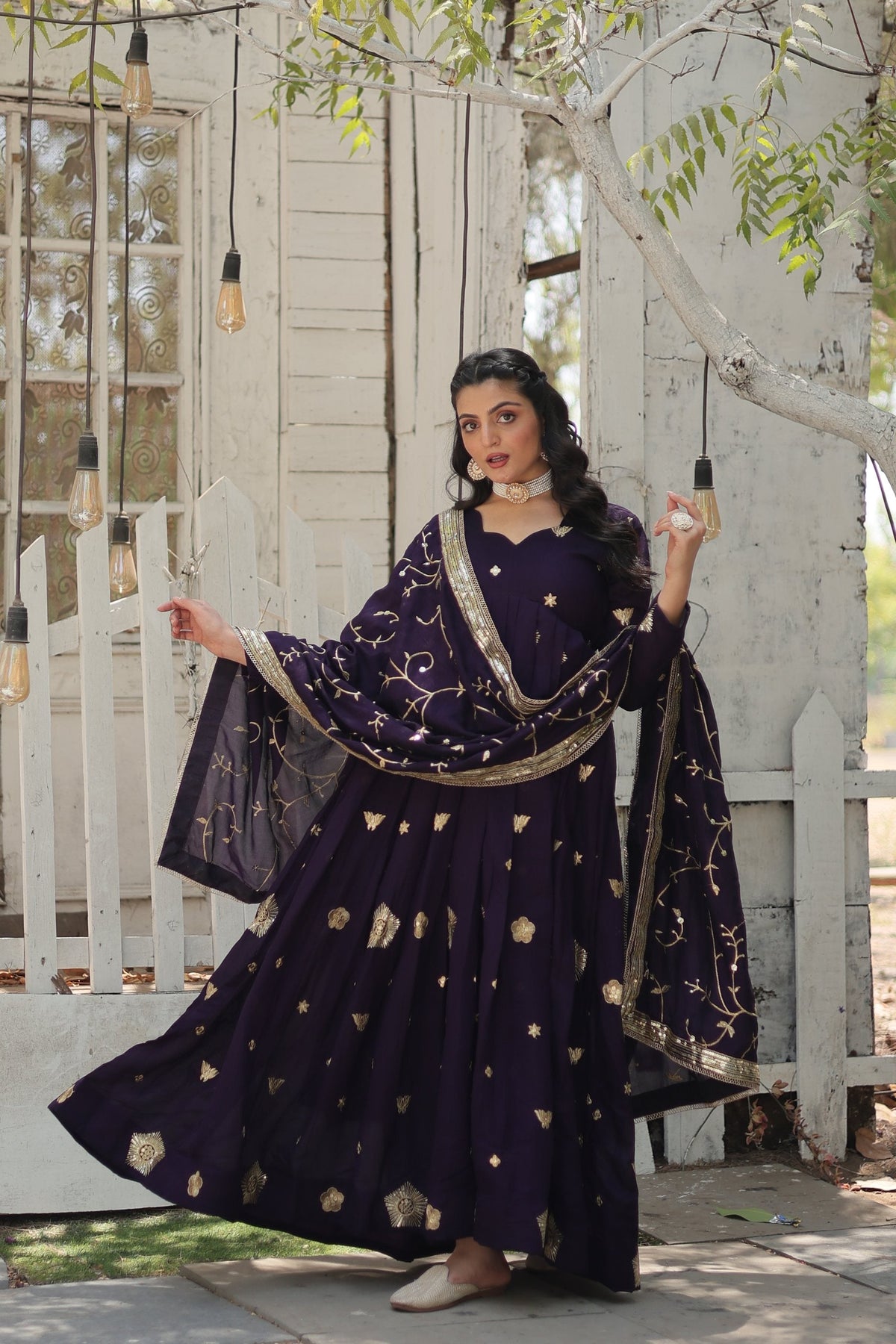 Jyoti Fashion Women's Purple Vichitra Shimmer Sequins with Embroidered Anarkali Kurta with Dupatta | Grocsy