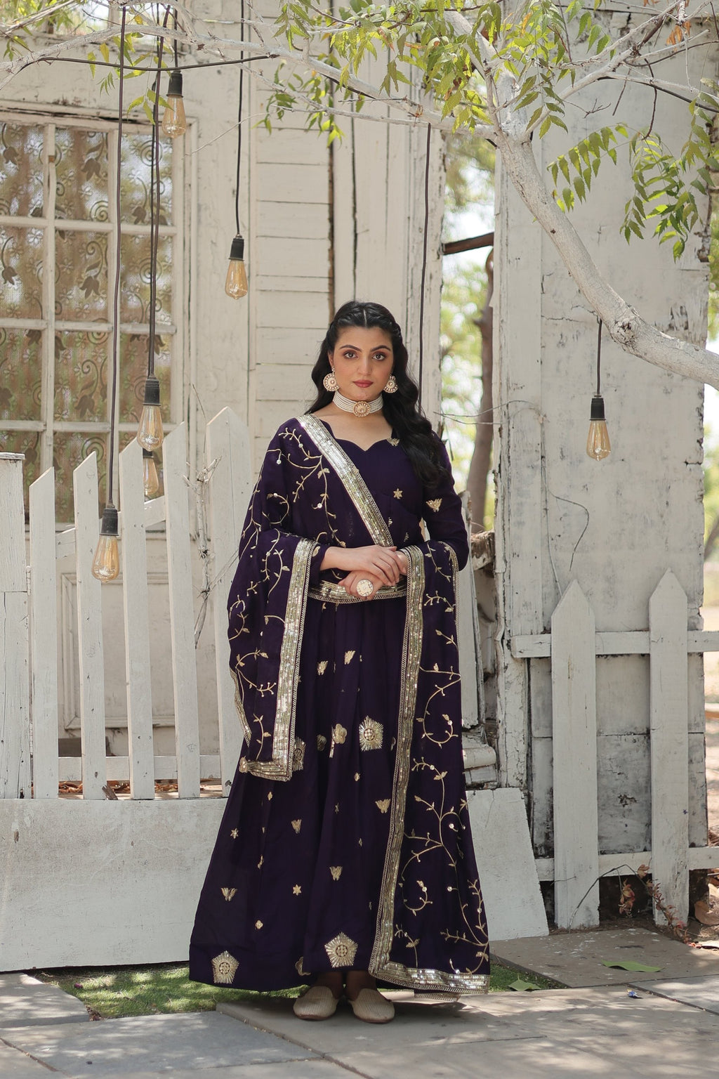 Jyoti Fashion Women's Purple Vichitra Shimmer Sequins with Embroidered Anarkali Kurta with Dupatta | Grocsy