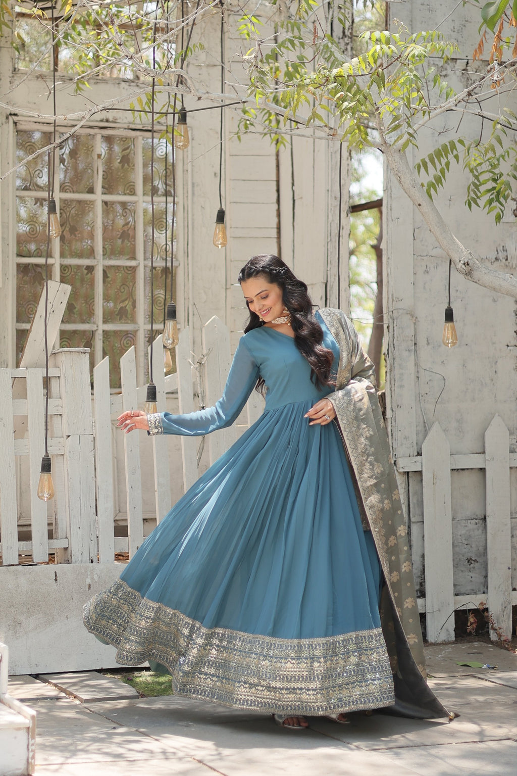 Jyoti Fashion Women's Sky Blue Faux Georgette Sequins with Embroidered Anarkali Kurta with Dupatta | Grocsy