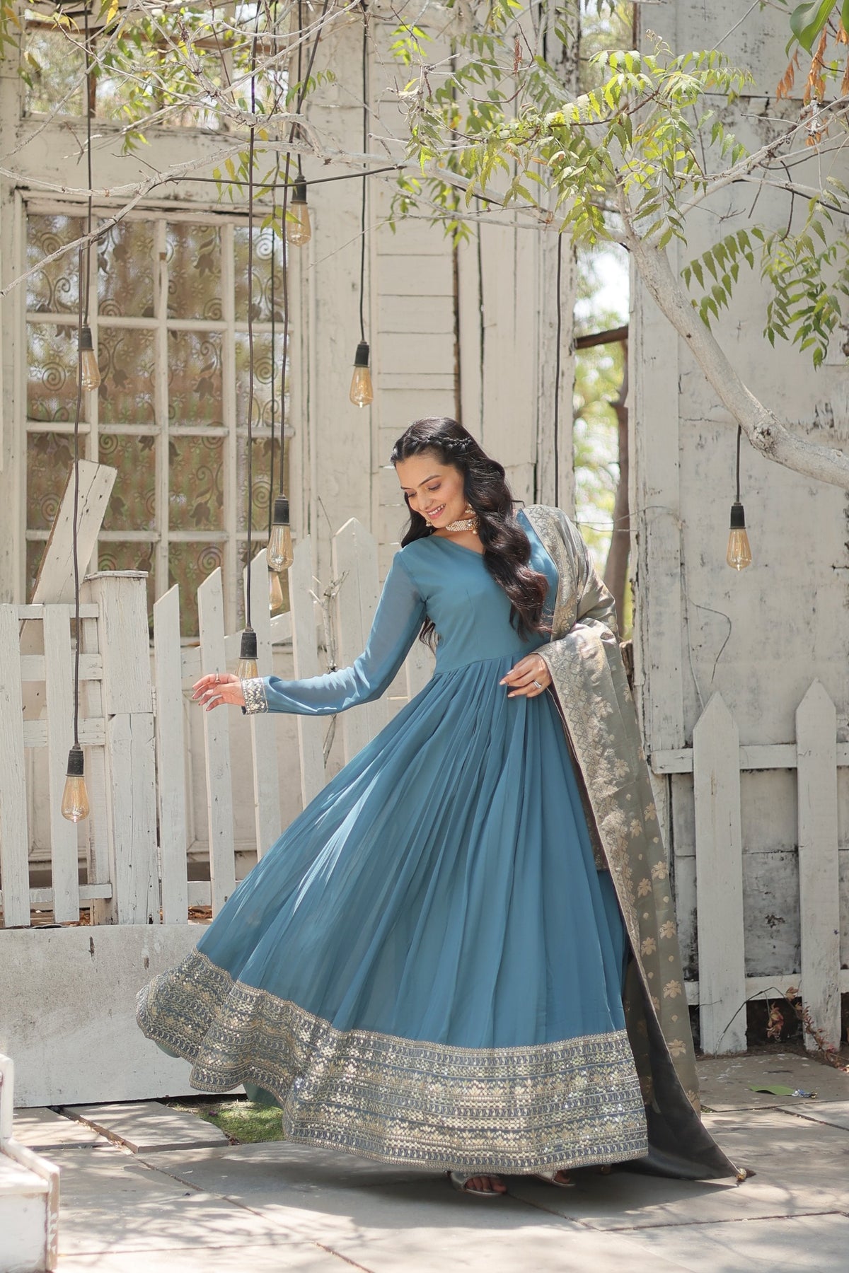 Jyoti Fashion Women's Sky Blue Faux Georgette Sequins with Embroidered Anarkali Kurta with Dupatta | Grocsy