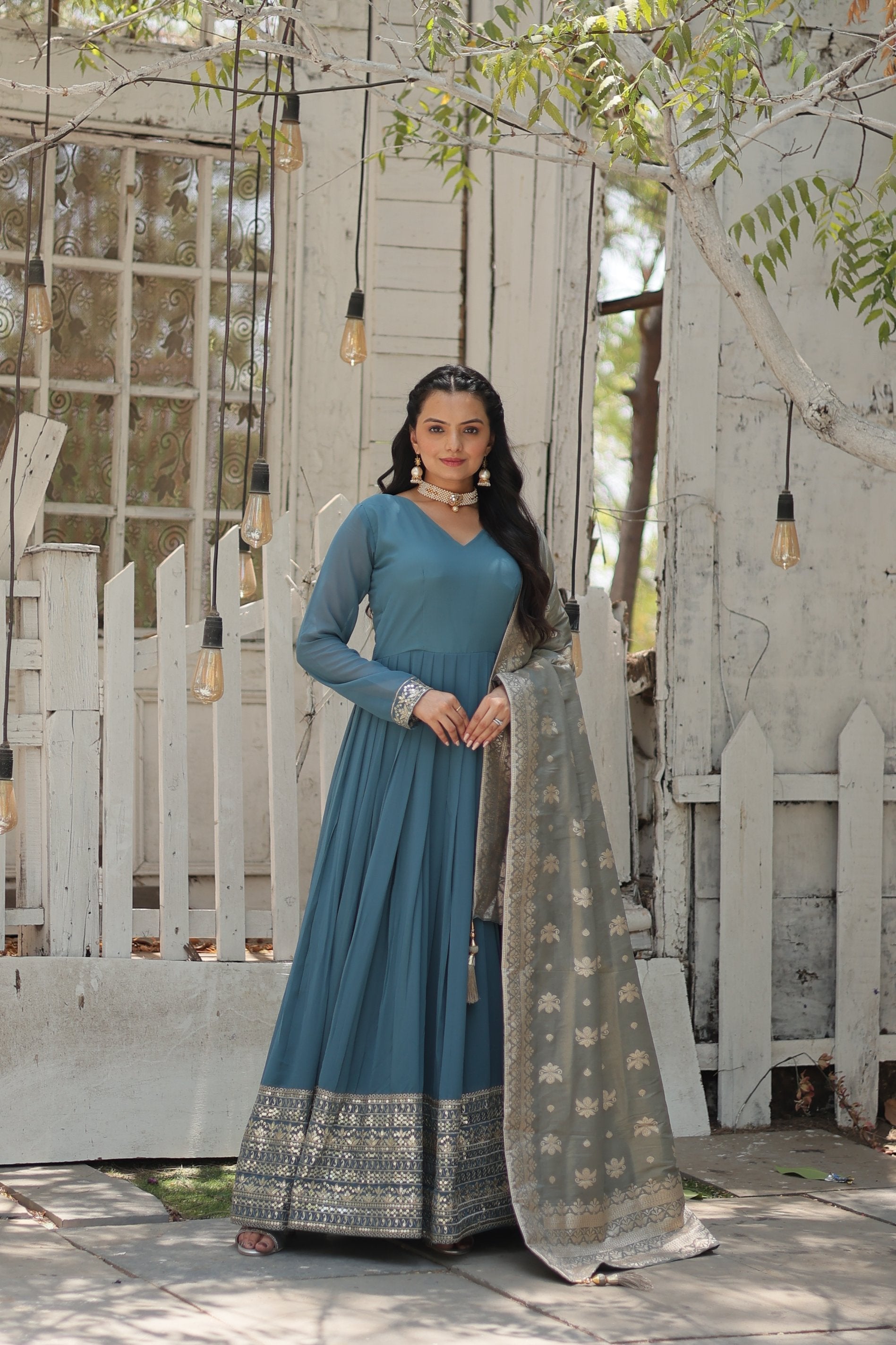 Jyoti Fashion Women's Sky Blue Faux Georgette Sequins with Embroidered Anarkali Kurta with Dupatta | Grocsy
