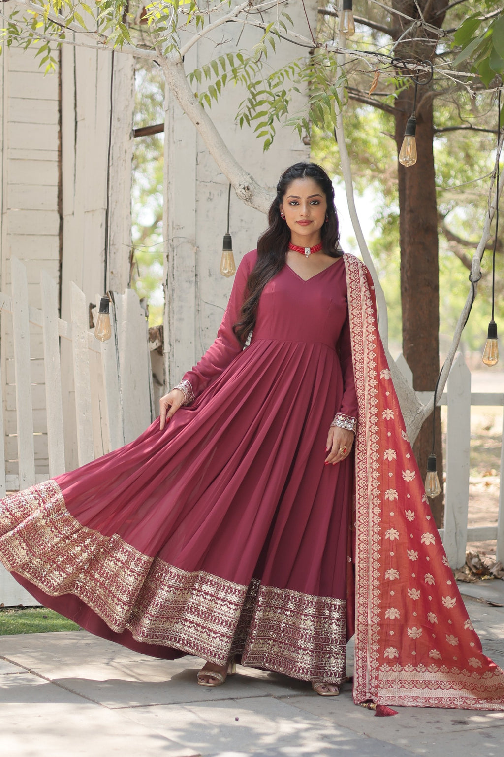 Jyoti Fashion Women's Dark Pink Faux Georgette Sequins with Embroidered Anarkali Kurta with Dupatta | Grocsy