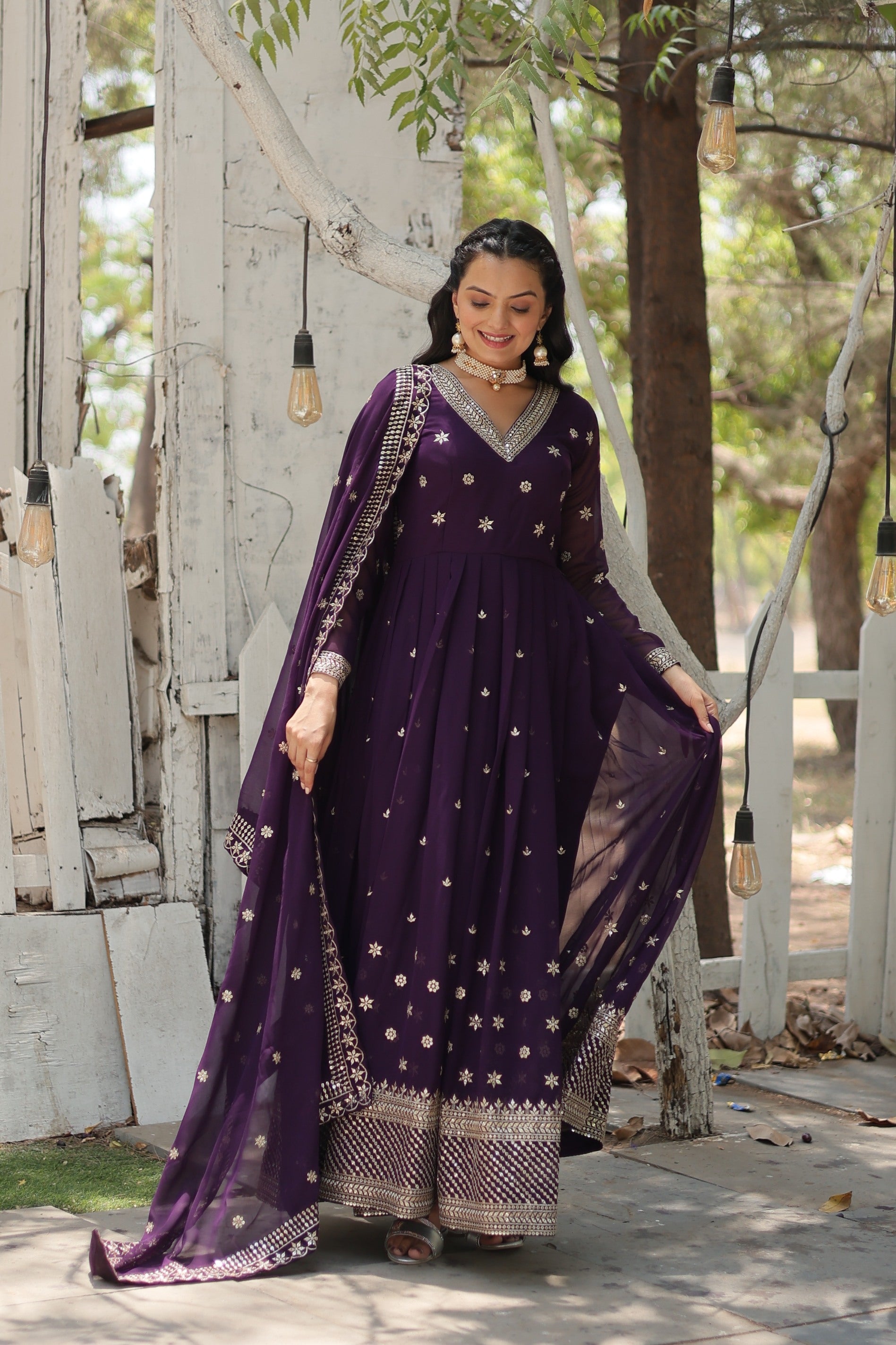 Jyoti Fashion Women's Purple Faux Blooming Sequins with Embroidered Anarkali Kurta with Dupatta | Grocsy