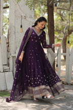 Jyoti Fashion Women's Purple Faux Blooming Sequins with Embroidered Anarkali Kurta with Dupatta | Grocsy
