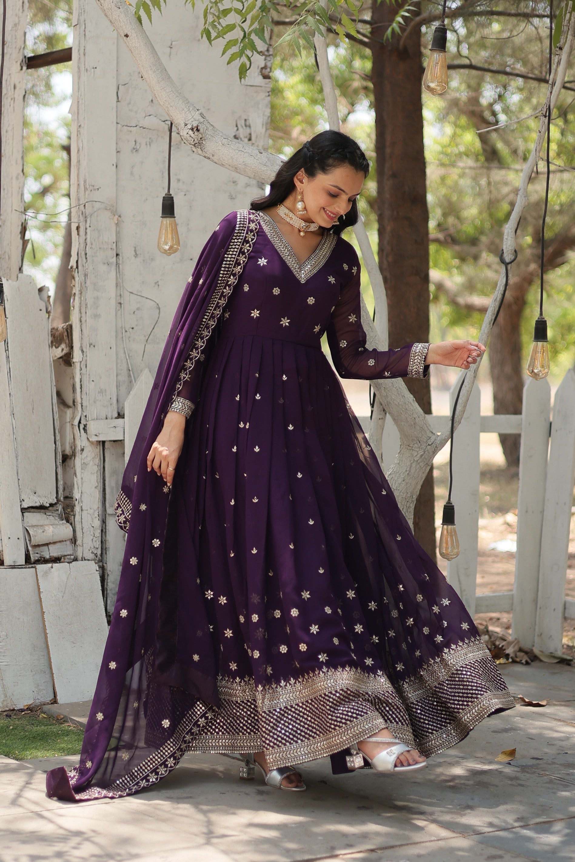 Jyoti Fashion Women's Purple Faux Blooming Sequins with Embroidered Anarkali Kurta with Dupatta | Grocsy