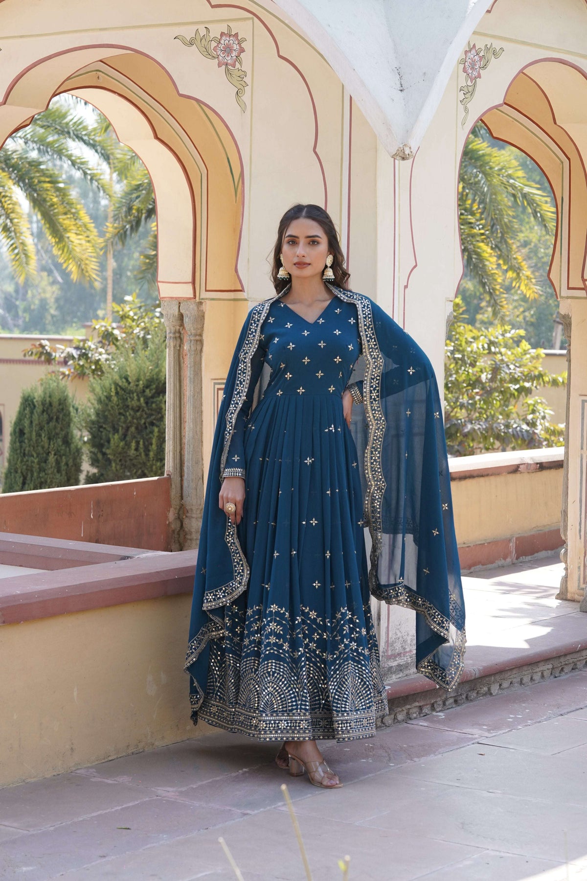 Jyoti Fashion Women's Rama Faux Georgette Sequins with Zari Embroidered Anarkali Kurta with Dupatta | Grocsy