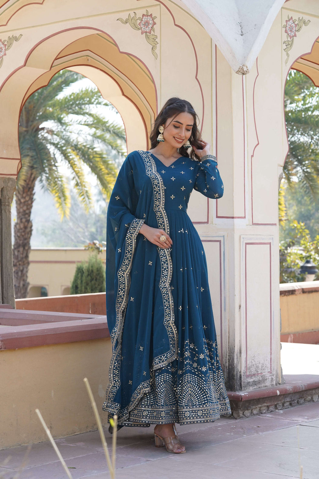Jyoti Fashion Women's Rama Faux Georgette Sequins with Zari Embroidered Anarkali Kurta with Dupatta | Grocsy