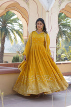 Jyoti Fashion Women's Yellow Faux Georgette Sequins with Zari Embroidered Anarkali Kurta with Dupatta | Grocsy