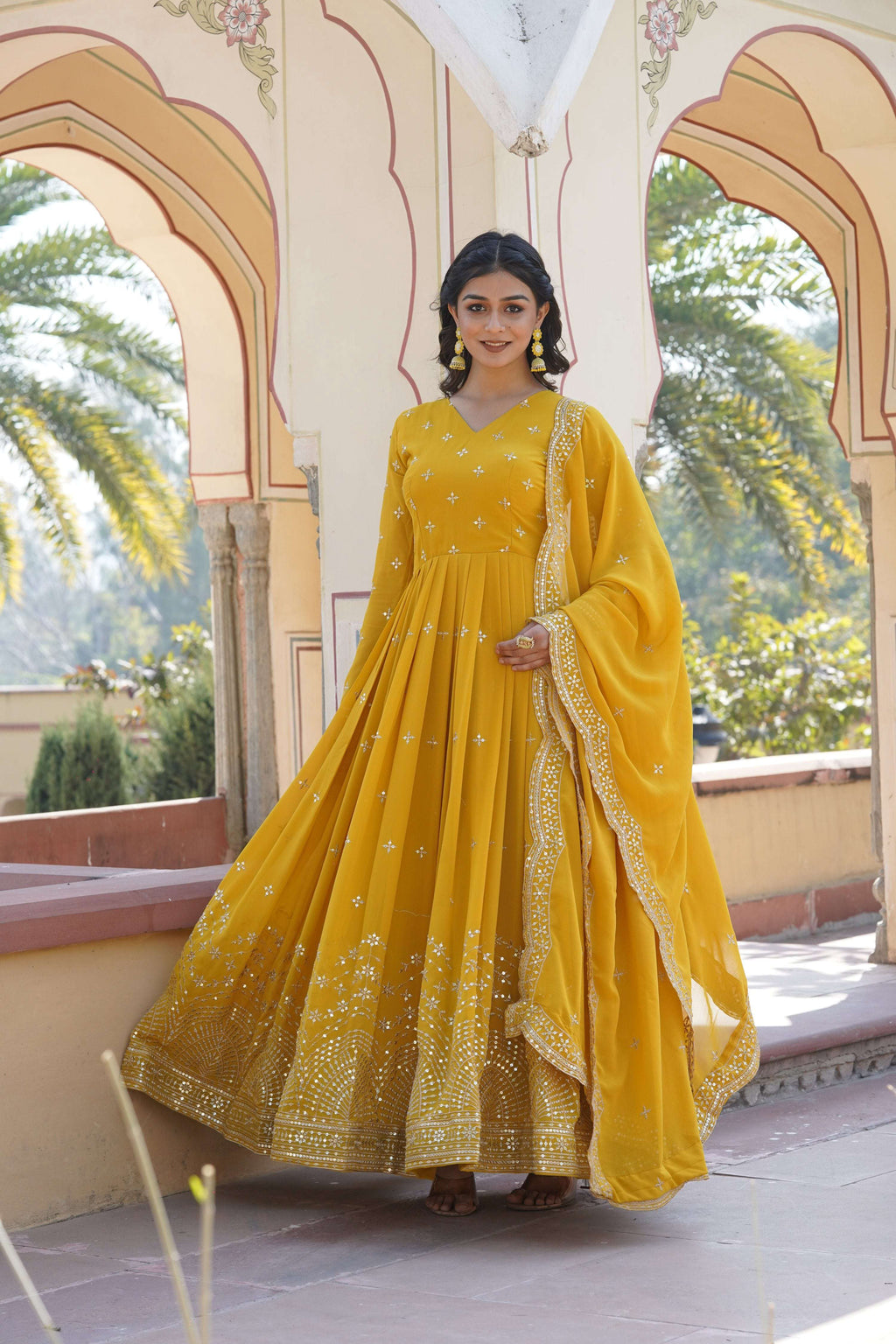 Jyoti Fashion Women's Yellow Faux Georgette Sequins with Zari Embroidered Anarkali Kurta with Dupatta | Grocsy