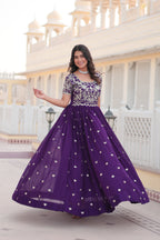 Jyoti Fashion Women's Purple Faux Blooming Codding Sequins with Embroidered Long Anarkali Dress | Grocsy