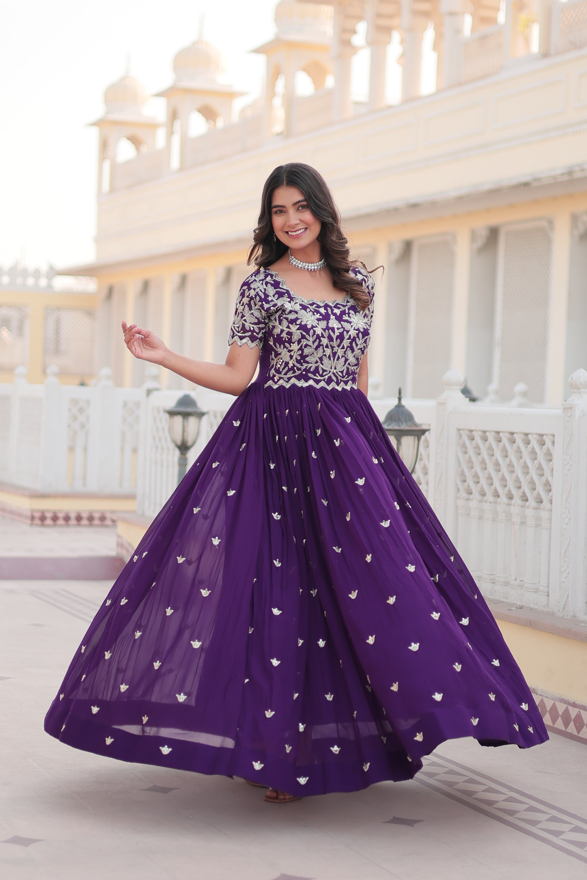Jyoti Fashion Women's Purple Faux Blooming Codding Sequins with Embroidered Long Anarkali Dress | Grocsy