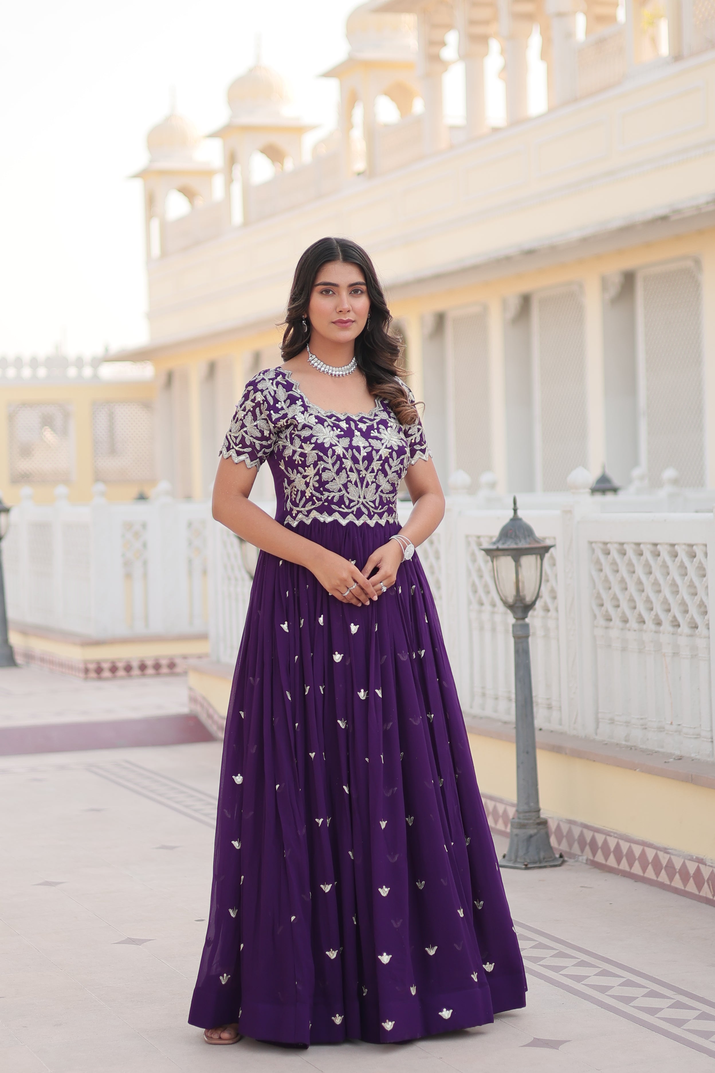 Jyoti Fashion Women's Purple Faux Blooming Codding Sequins with Embroidered Long Anarkali Dress | Grocsy