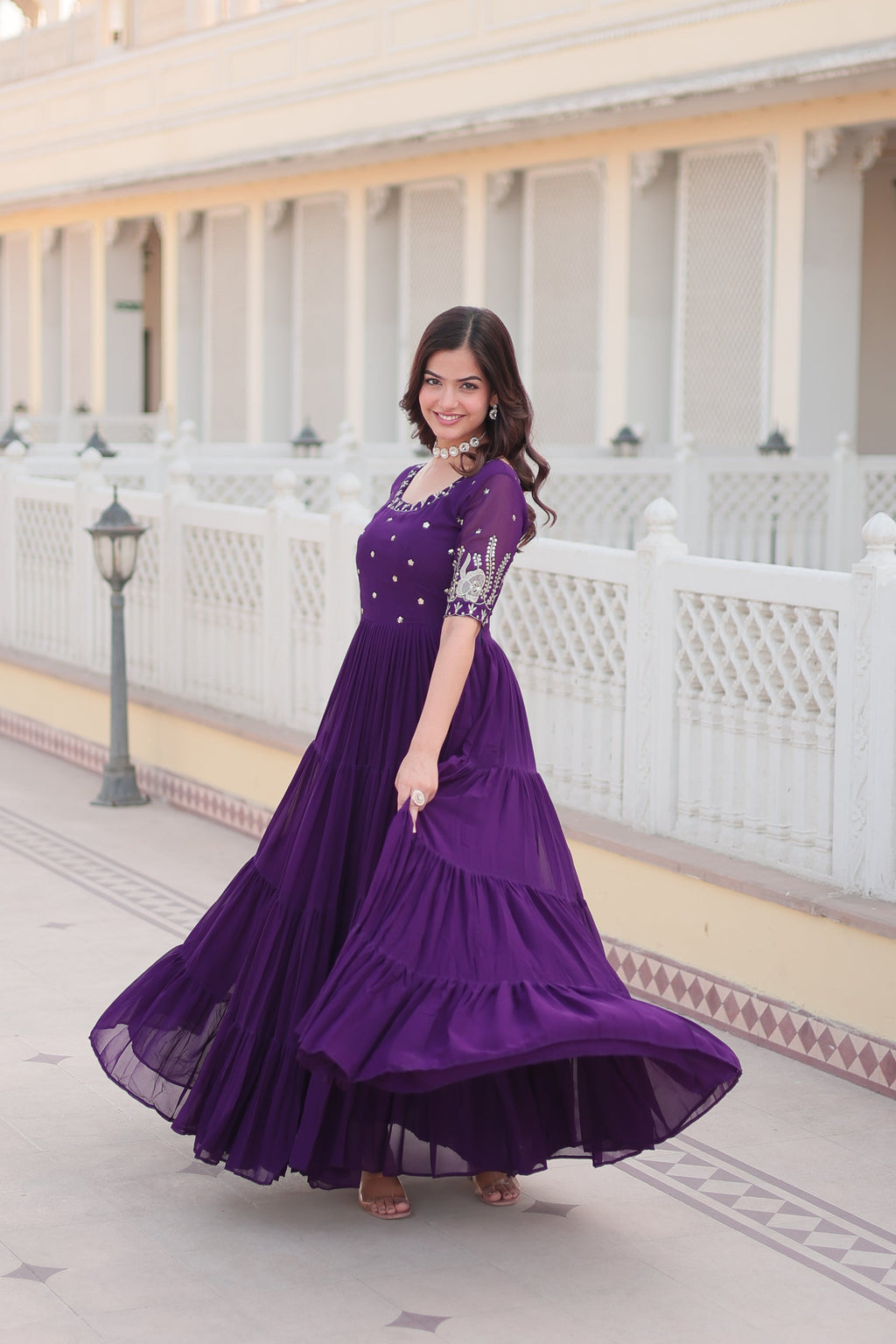 Jyoti Fashion Women's Purple Faux Blooming Sequins with Zari Embroidered Long Anarkali Dress | Grocsy