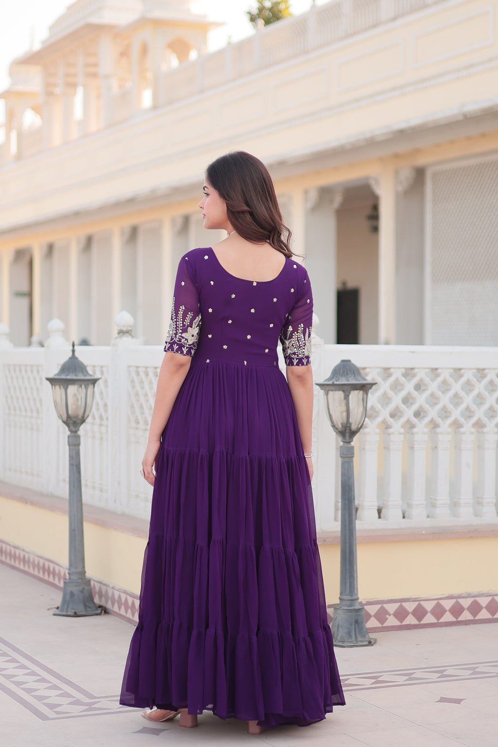 Jyoti Fashion Women's Purple Faux Blooming Sequins with Zari Embroidered Long Anarkali Dress | Grocsy