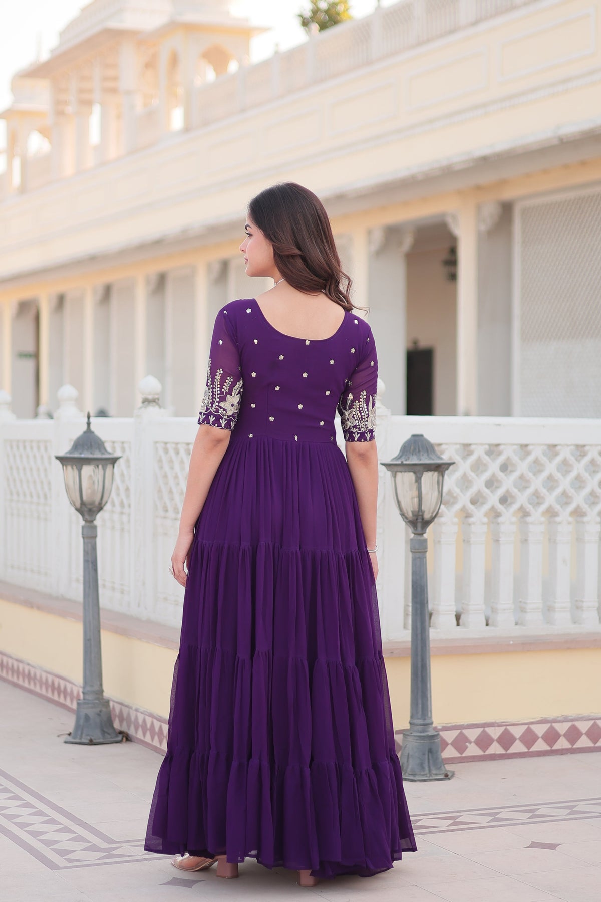Jyoti Fashion Women's Purple Faux Blooming Sequins with Zari Embroidered Long Anarkali Dress | Grocsy