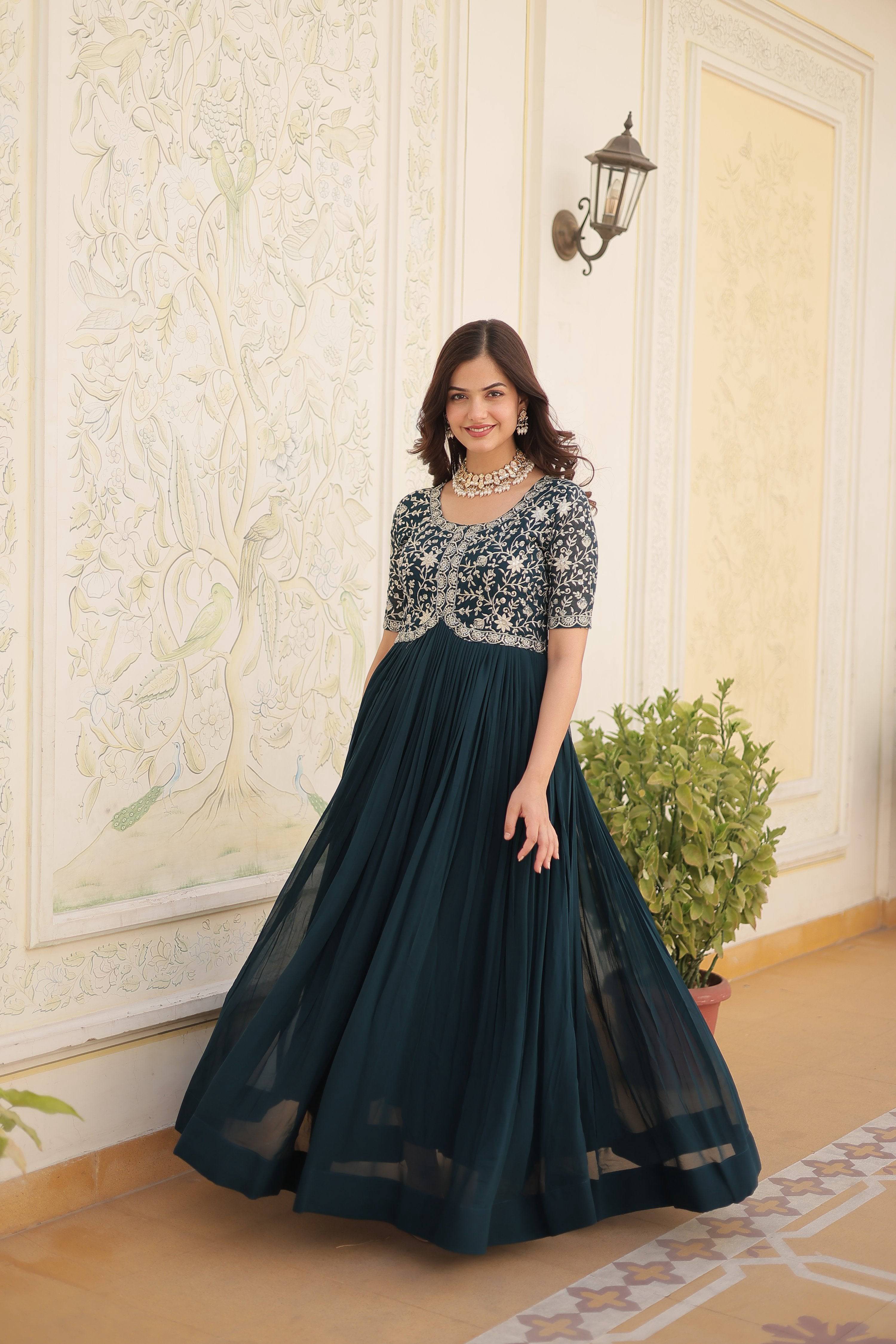 Jyoti Fashion Women's Rama Faux Blooming Sequins with Zari Embroidered Long Anarkali Dress | Grocsy