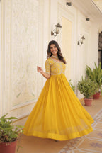 Jyoti Fashion Women's Yellow Faux Blooming Sequins with Zari Embroidered Long Anarkali Dress | Grocsy