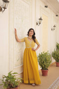 Jyoti Fashion Women's Yellow Faux Blooming Sequins with Zari Embroidered Long Anarkali Dress | Grocsy