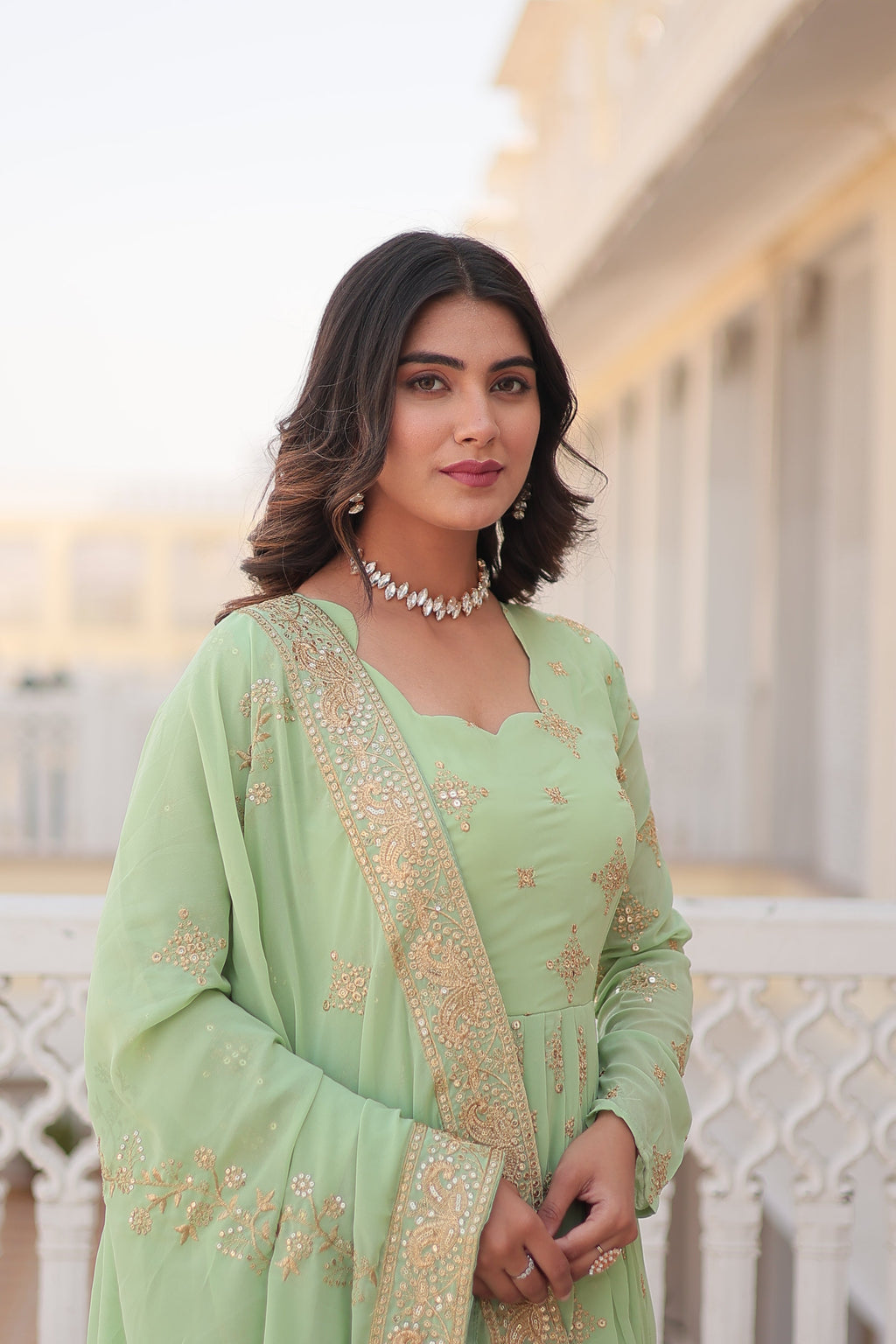Jyoti Fashion Women's Pista Green Faux Georgette Sequins with Zari Embroidered Anarkali Kurta with Dupatta | Grocsy