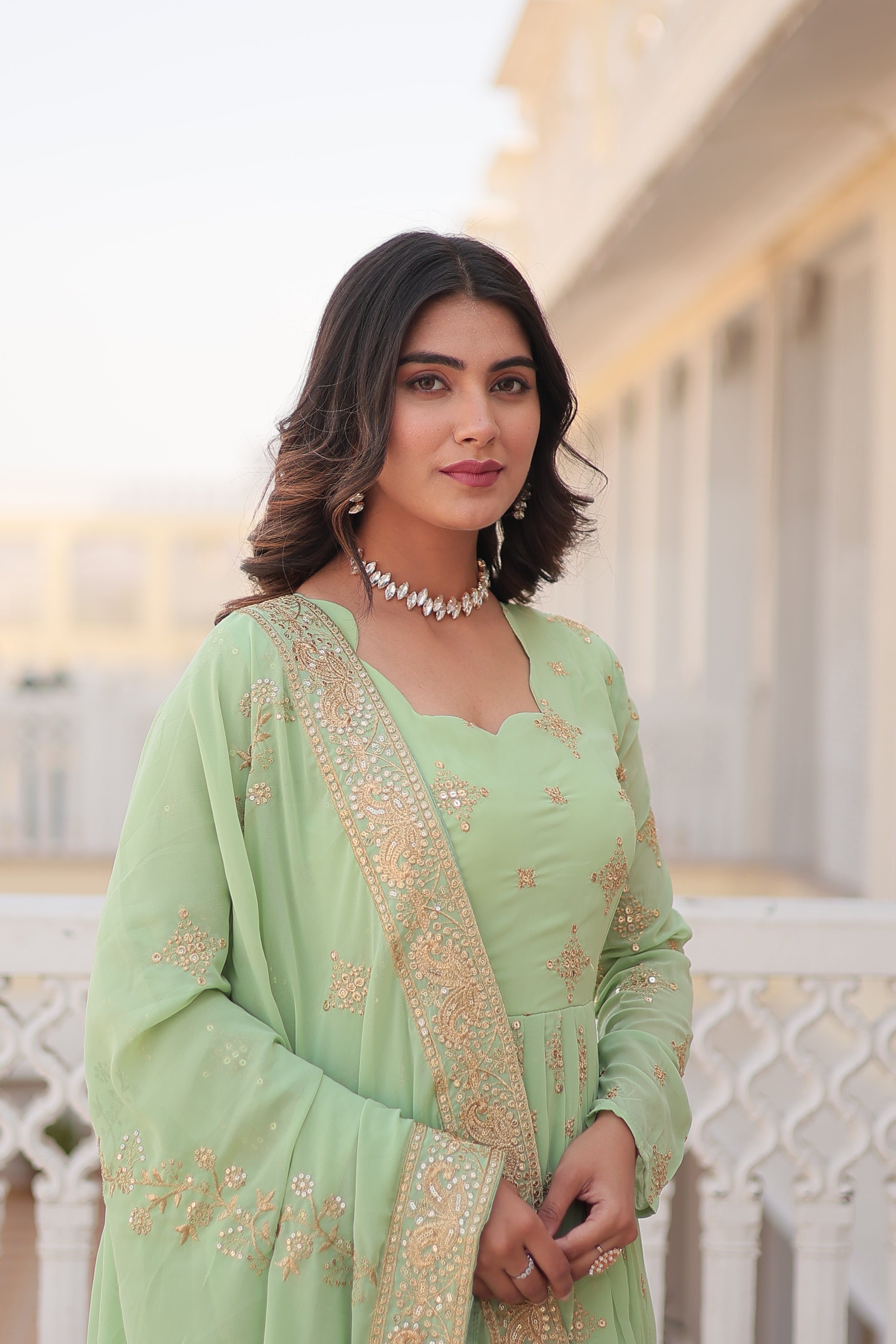 Jyoti Fashion Women's Pista Green Faux Georgette Sequins with Zari Embroidered Anarkali Kurta with Dupatta | Grocsy
