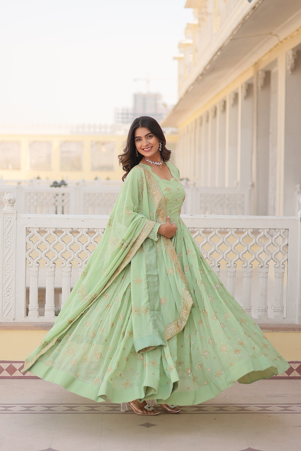 Jyoti Fashion Women's Pista Green Faux Georgette Sequins with Zari Embroidered Anarkali Kurta with Dupatta | Grocsy