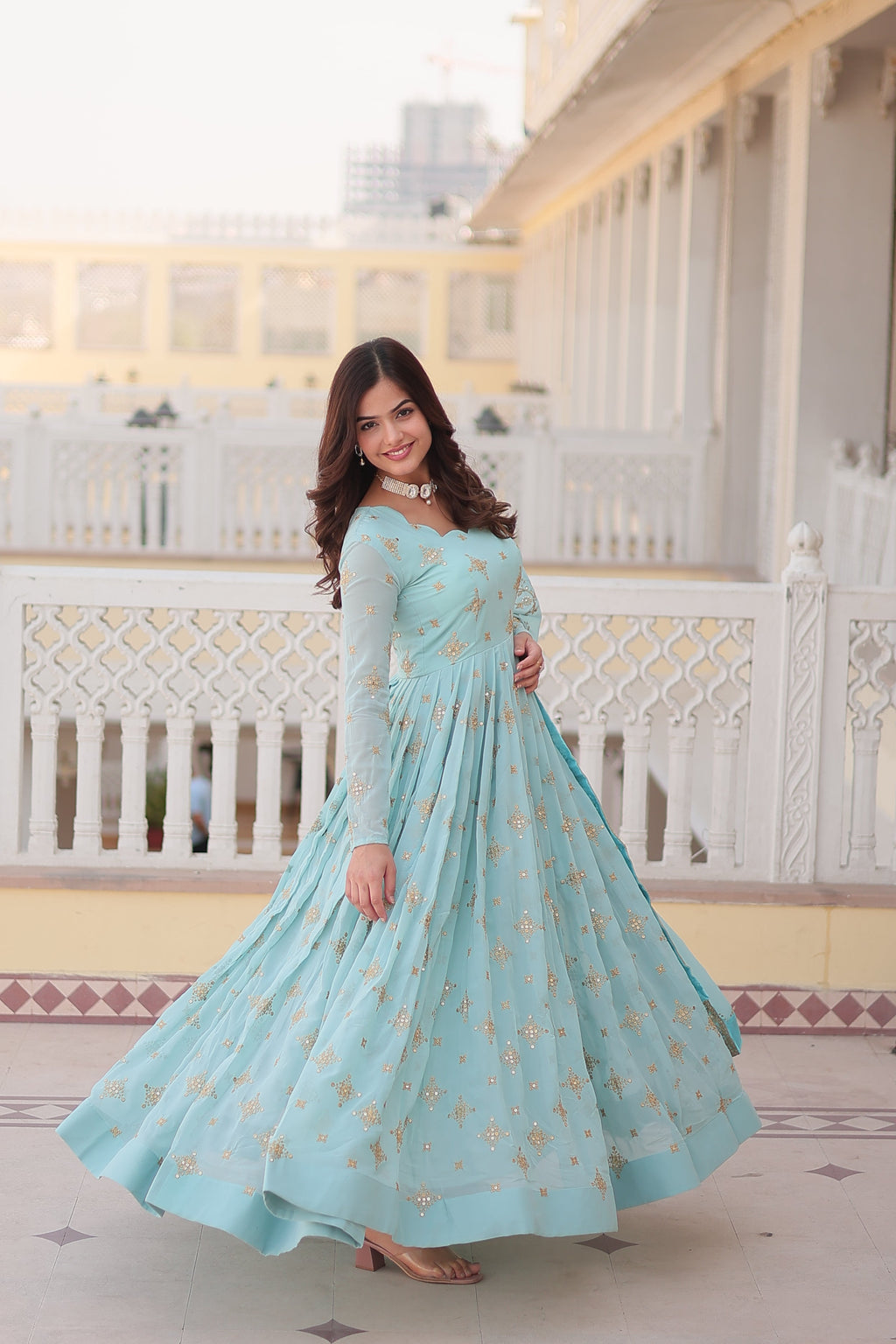 Jyoti Fashion Women's Sky Blue Faux Georgette Sequins with Zari Embroidered Anarkali Kurta with Dupatta | Grocsy