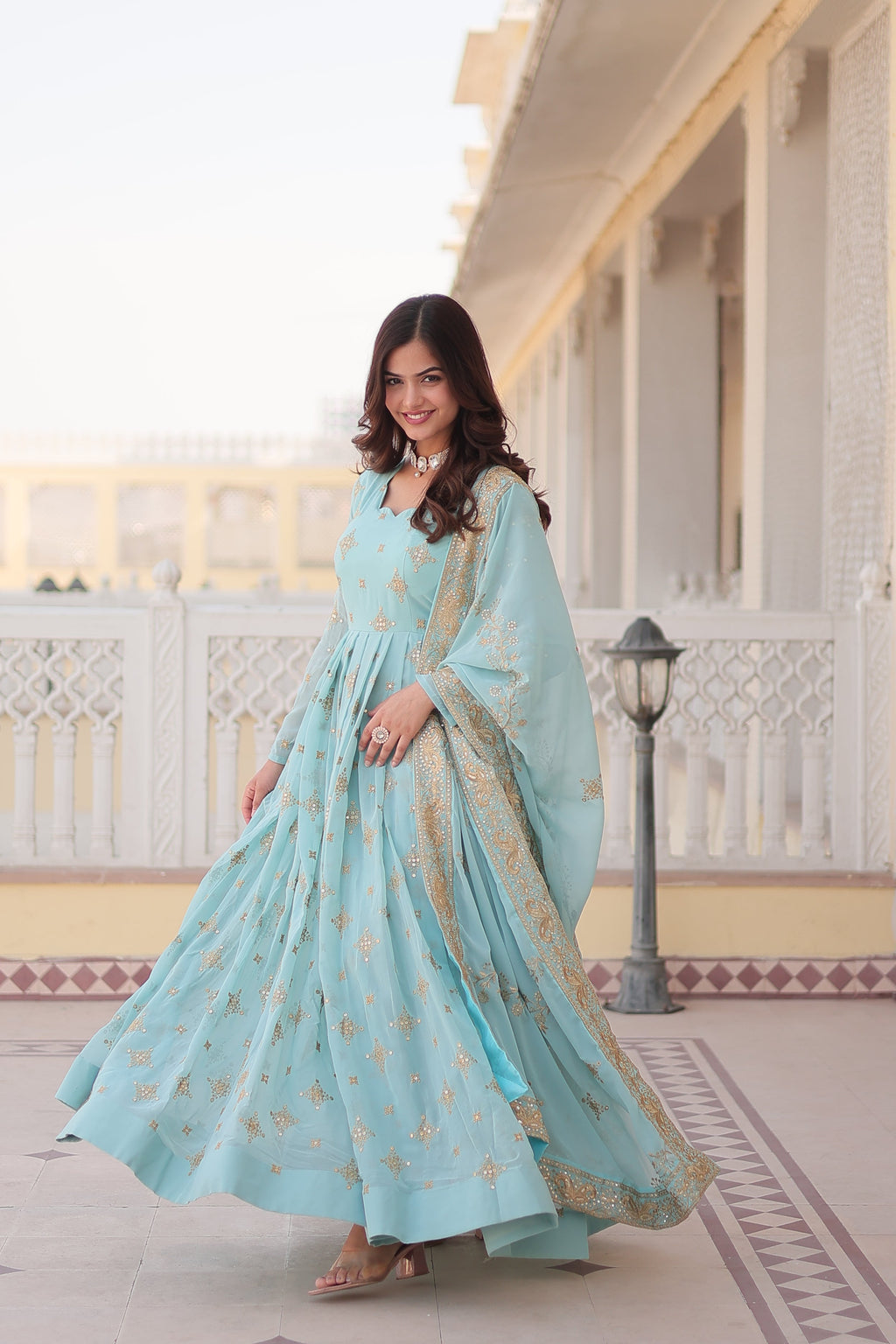Jyoti Fashion Women's Sky Blue Faux Georgette Sequins with Zari Embroidered Anarkali Kurta with Dupatta | Grocsy