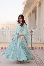 Jyoti Fashion Women's Sky Blue Faux Georgette Sequins with Zari Embroidered Anarkali Kurta with Dupatta | Grocsy