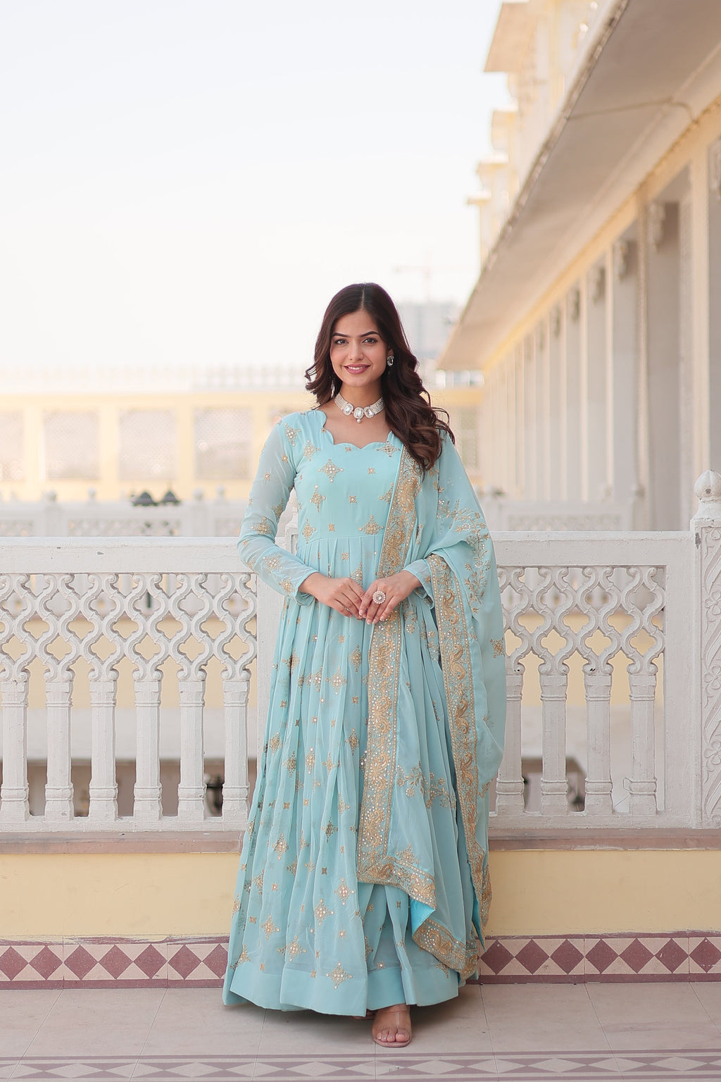 Jyoti Fashion Women's Sky Blue Faux Georgette Sequins with Zari Embroidered Anarkali Kurta with Dupatta | Grocsy