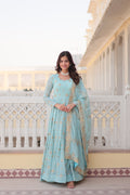 Jyoti Fashion Women's Sky Blue Faux Georgette Sequins with Zari Embroidered Anarkali Kurta with Dupatta | Grocsy