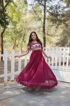 Jyoti Fashion Women's Wine Faux Blooming Sequins with Zari Embroidered Long Anarkali Dress | Grocsy