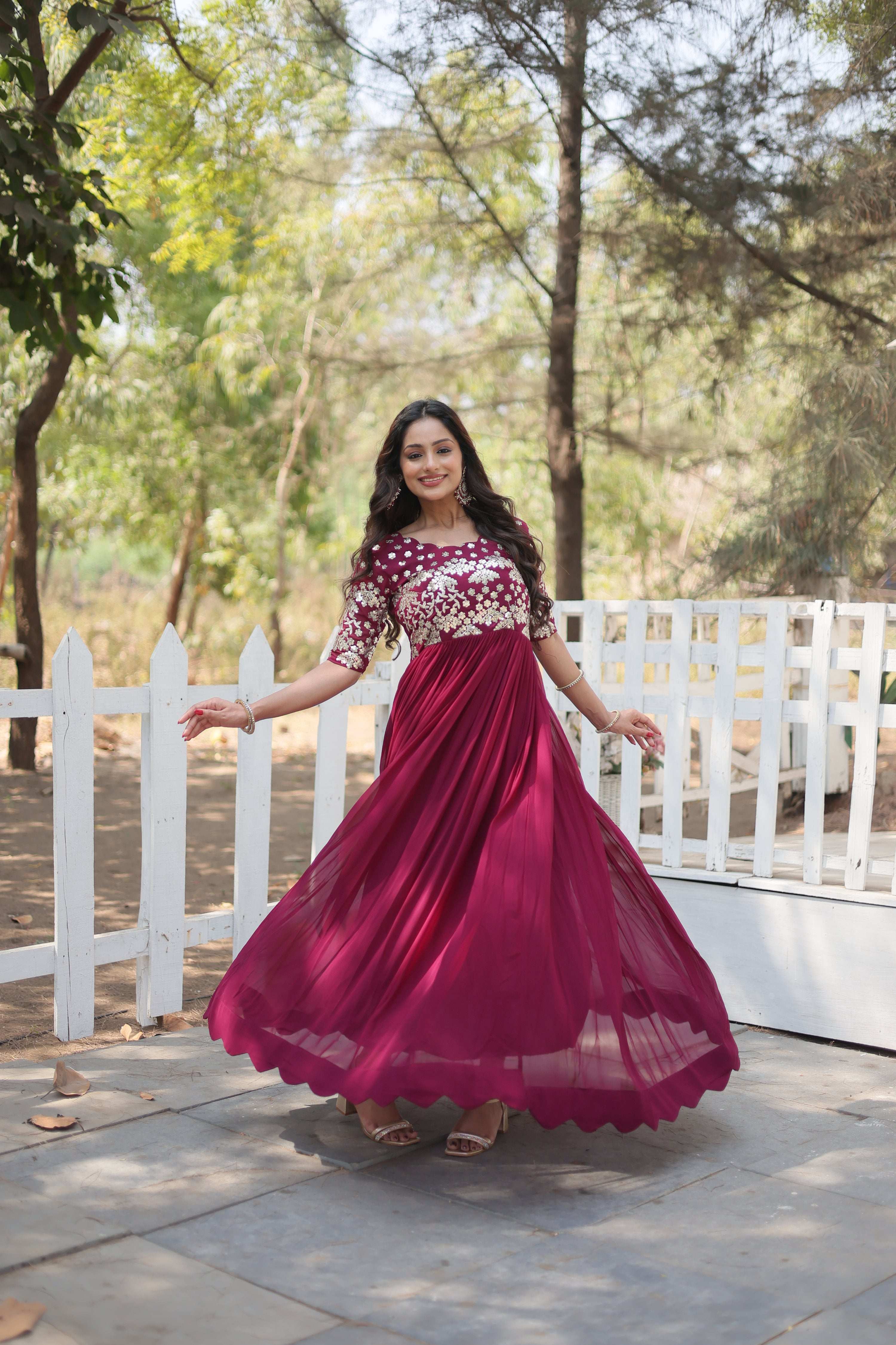 Jyoti Fashion Women's Wine Faux Blooming Sequins with Zari Embroidered Long Anarkali Dress | Grocsy