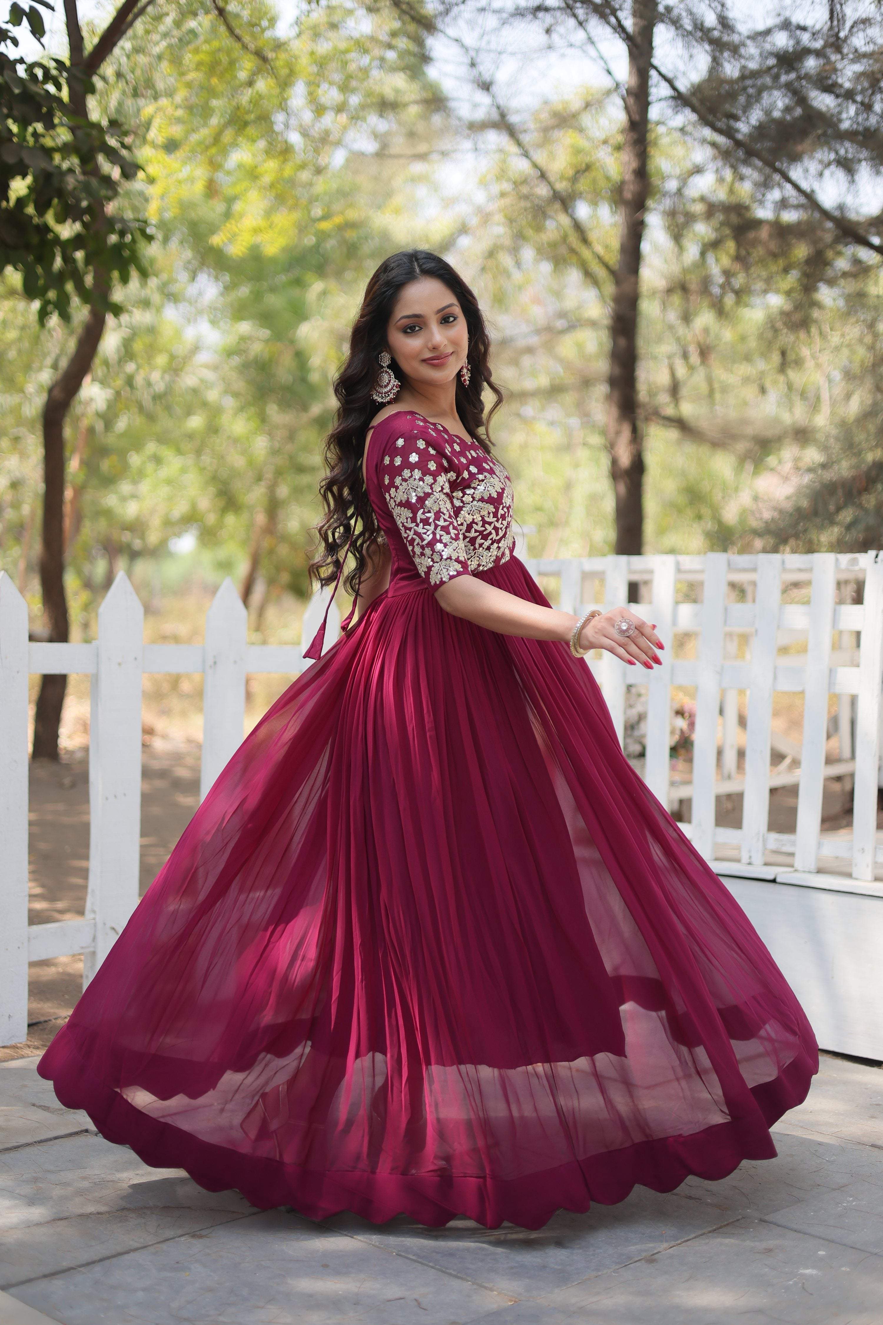 Jyoti Fashion Women's Wine Faux Blooming Sequins with Zari Embroidered Long Anarkali Dress | Grocsy