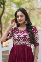 Jyoti Fashion Women's Wine Faux Blooming Sequins with Zari Embroidered Long Anarkali Dress | Grocsy