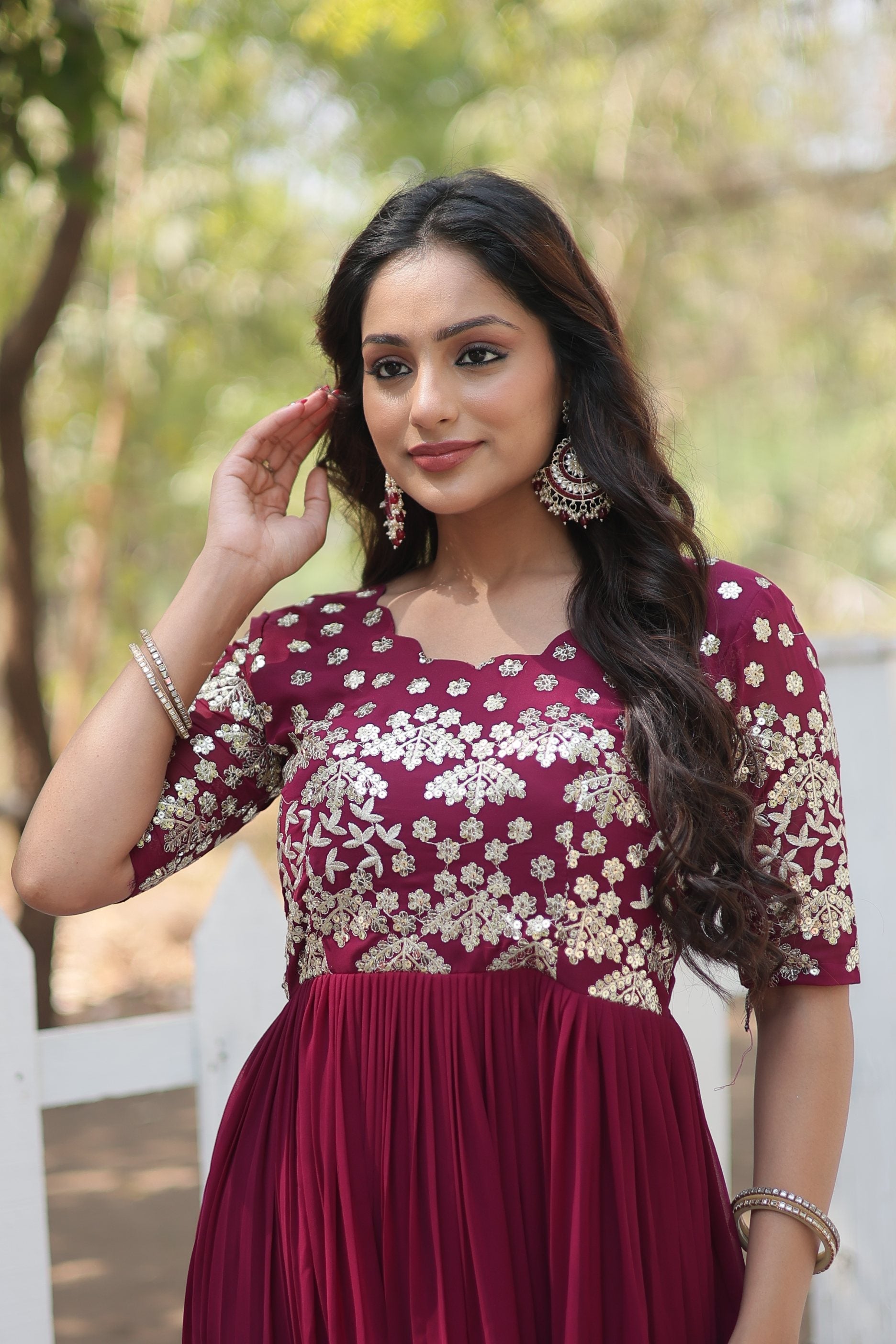 Jyoti Fashion Women's Wine Faux Blooming Sequins with Zari Embroidered Long Anarkali Dress | Grocsy