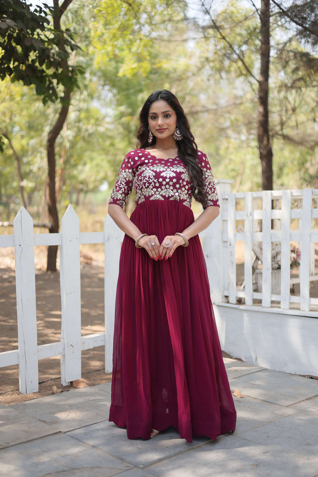 Jyoti Fashion Women's Wine Faux Blooming Sequins with Zari Embroidered Long Anarkali Dress | Grocsy