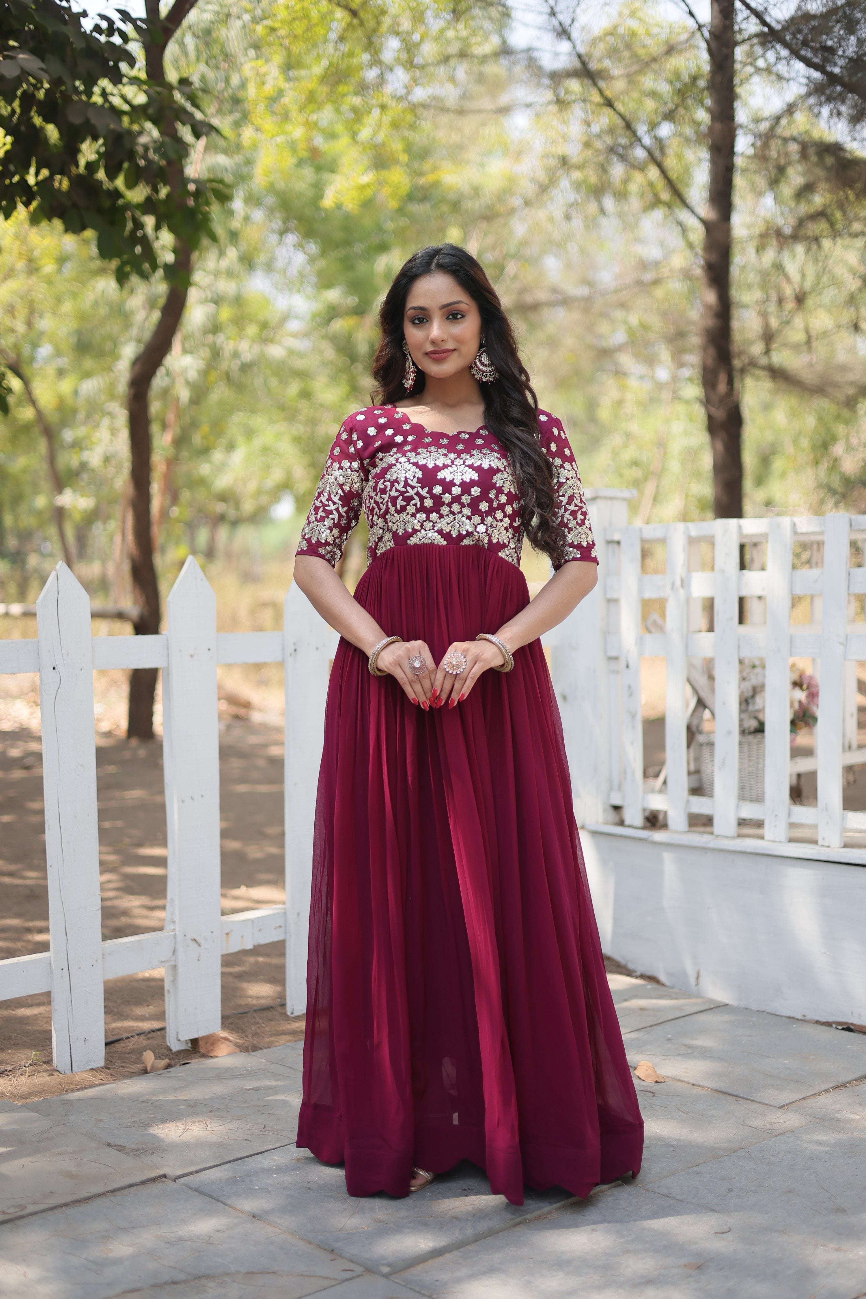 Jyoti Fashion Women's Wine Faux Blooming Sequins with Zari Embroidered Long Anarkali Dress | Grocsy