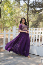 Jyoti Fashion Women's Purple Faux Blooming Sequins with Zari Embroidered Long Anarkali Dress | Grocsy