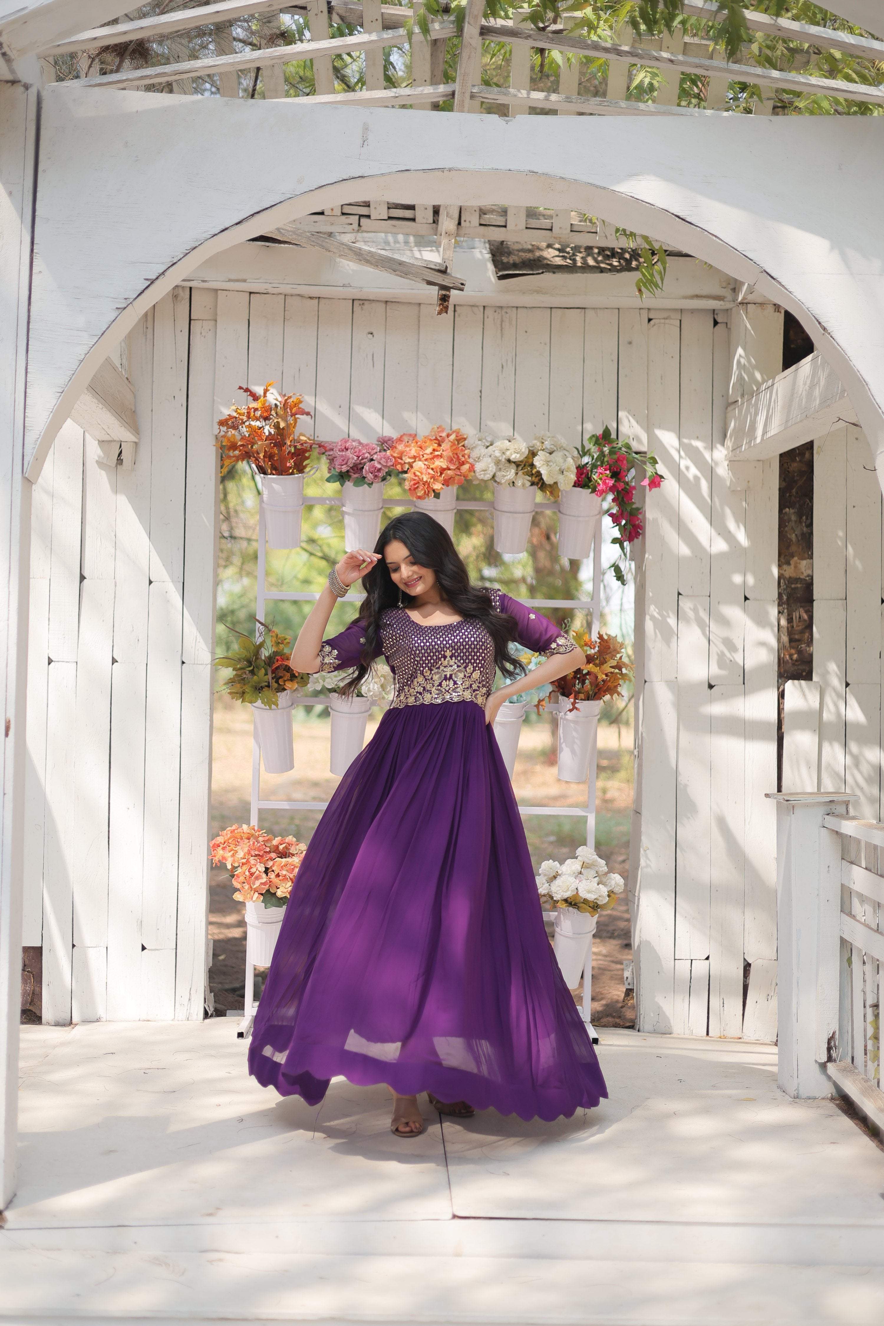 Jyoti Fashion Women's Purple Faux Blooming Sequins with Zari Embroidered Long Anarkali Dress | Grocsy