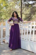 Jyoti Fashion Women's Purple Faux Blooming Sequins with Zari Embroidered Long Anarkali Dress | Grocsy