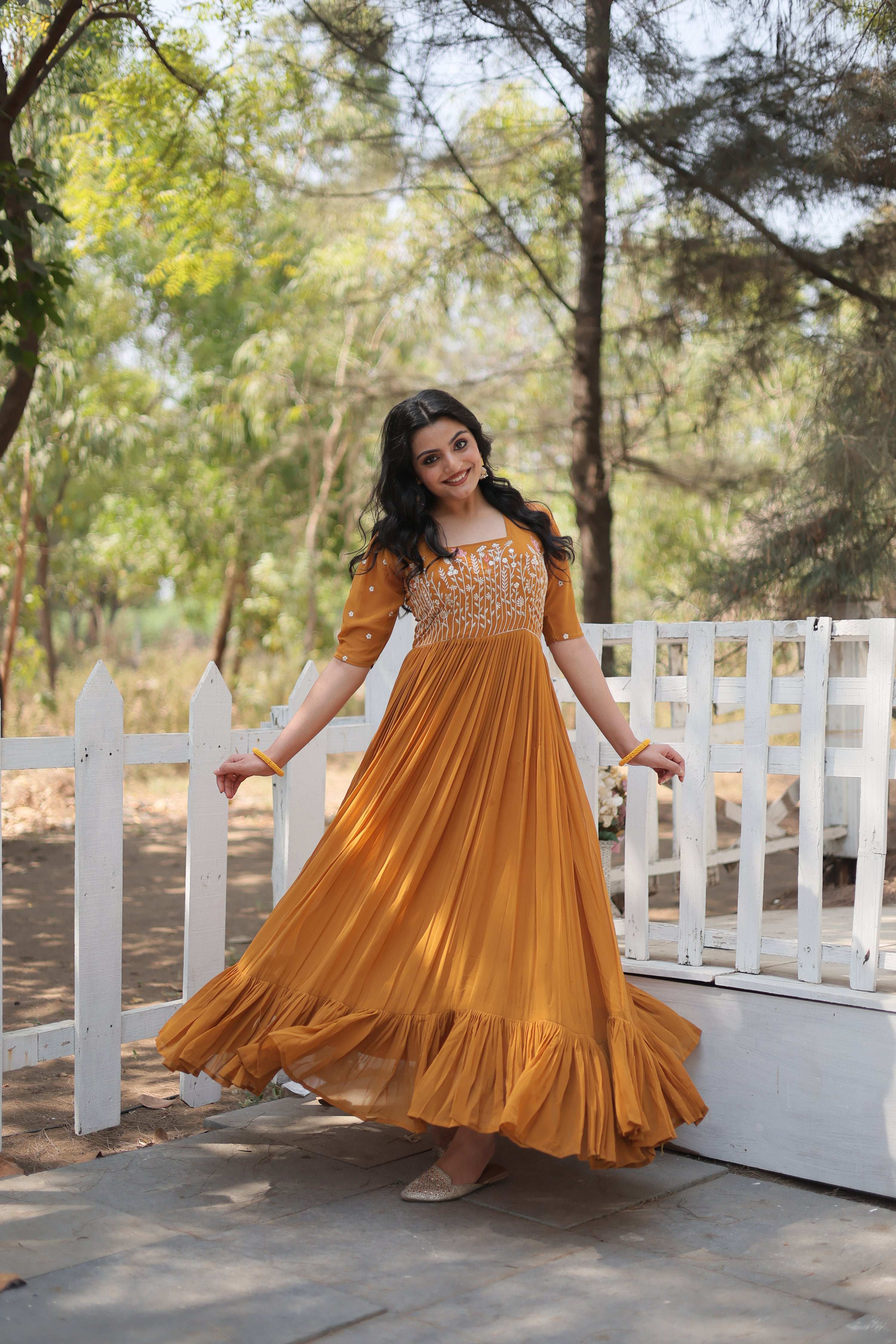 Jyoti Fashion Women's Mustard Faux Georgette Sequins with Zari Embroidered Long Anarkali Dress | Grocsy