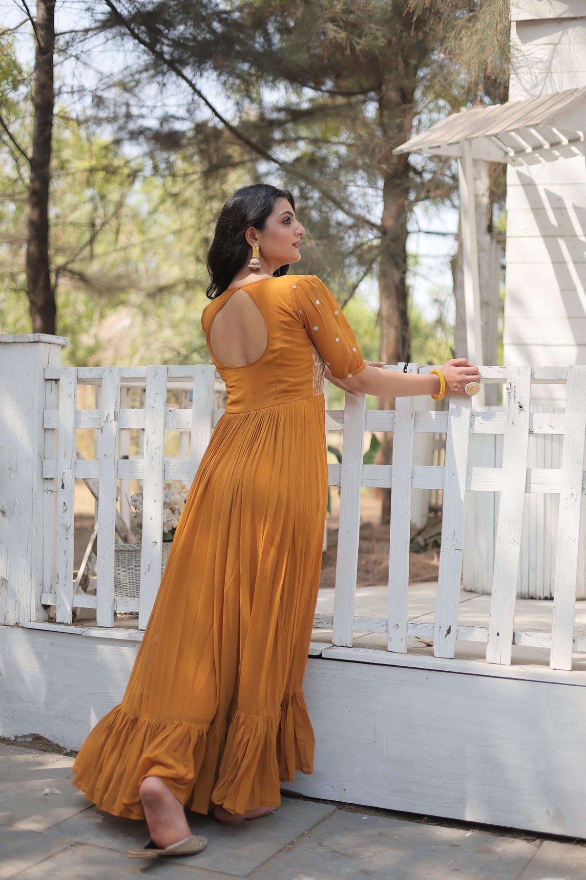 Jyoti Fashion Women's Mustard Faux Georgette Sequins with Zari Embroidered Long Anarkali Dress | Grocsy