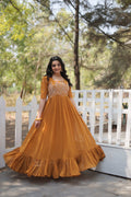 Jyoti Fashion Women's Mustard Faux Georgette Sequins with Zari Embroidered Long Anarkali Dress | Grocsy